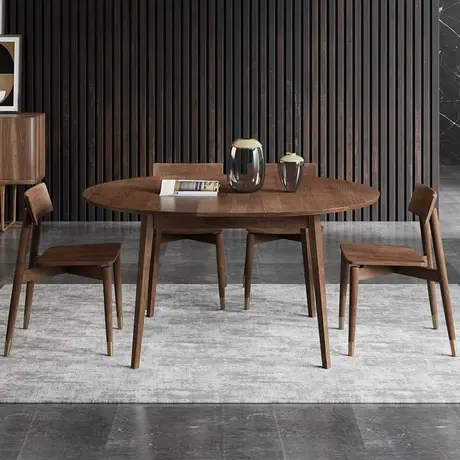 沃購北歐伸縮全實木餐桌家用大圓桌簡約隱形小戶型桌子餐桌椅組合圖片